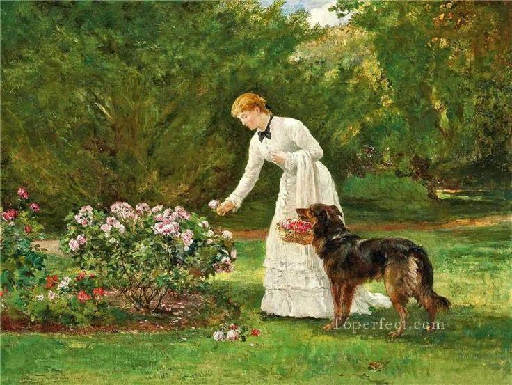花を摘むヘイウッド ハーディ犬油絵